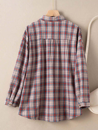 Women's Natural Fabric Plaid Front Artsy Style Blouse