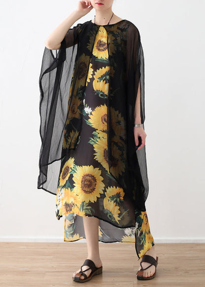 Style yellow print chiffon clothes Fashion Neckline o neck false two pieces Art Summer Dress
