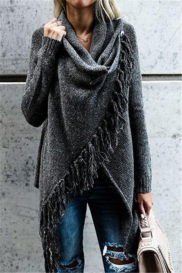 Tassel Asymmetrical Hem Shawl Speckled Fringe Cardigan - Green