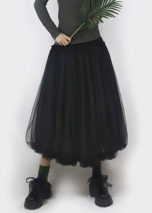 Black Elastic Waist Solid Tulle Bud Skirt Ruffled