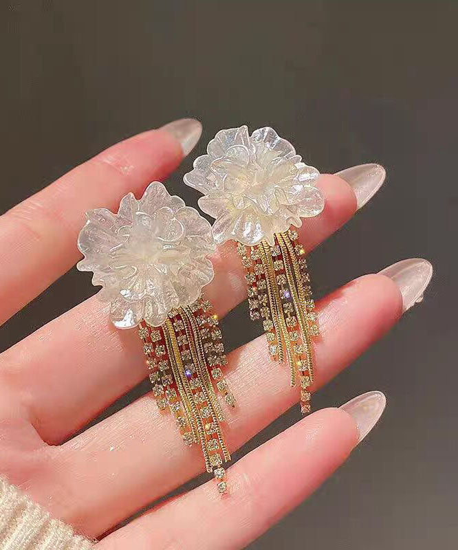 Elegant White Sterling Silver Overgild Floral Tassel Drop Earrings