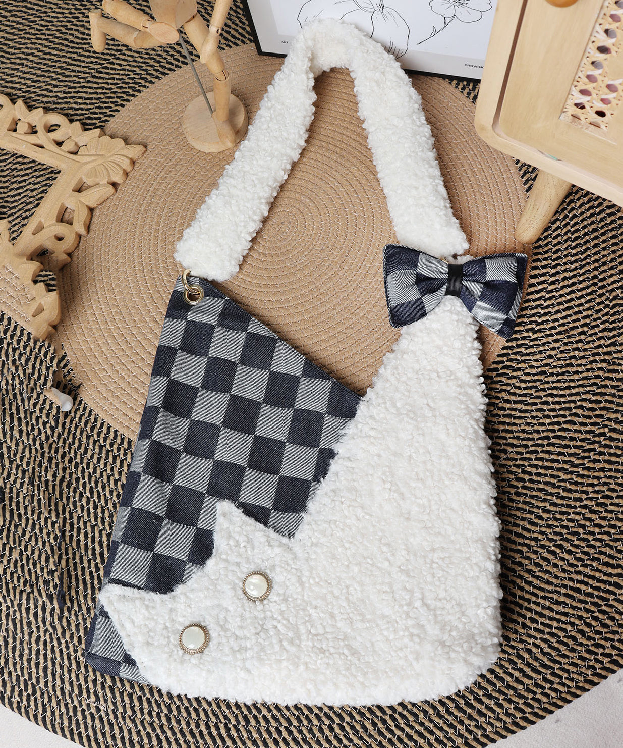 Vintage White Teddy Patchwork Plaid Shoulder Bags