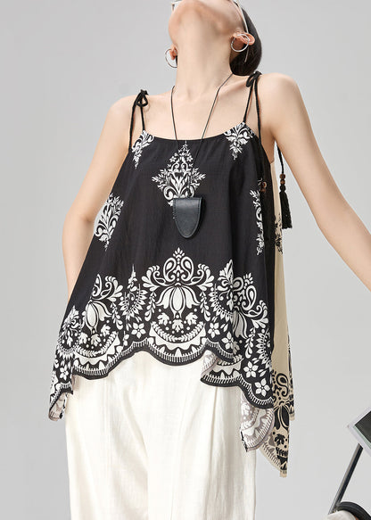 Unique Black Print Wear On Both Sides Cotton Spaghetti Strap Tank Sleeveless