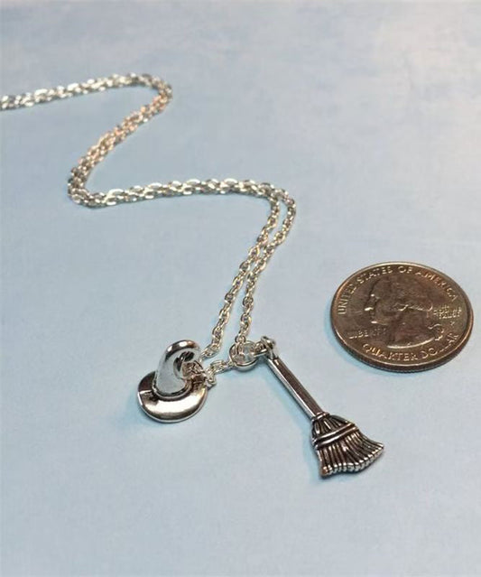 Style Silk Stainless Steel Chain Broom And Hat Pendant Necklace
