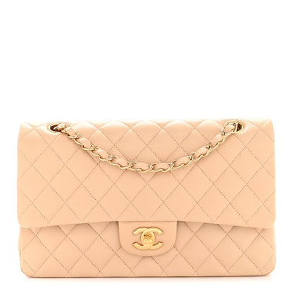 Lambskin Quilted Medium Double Flap Beige