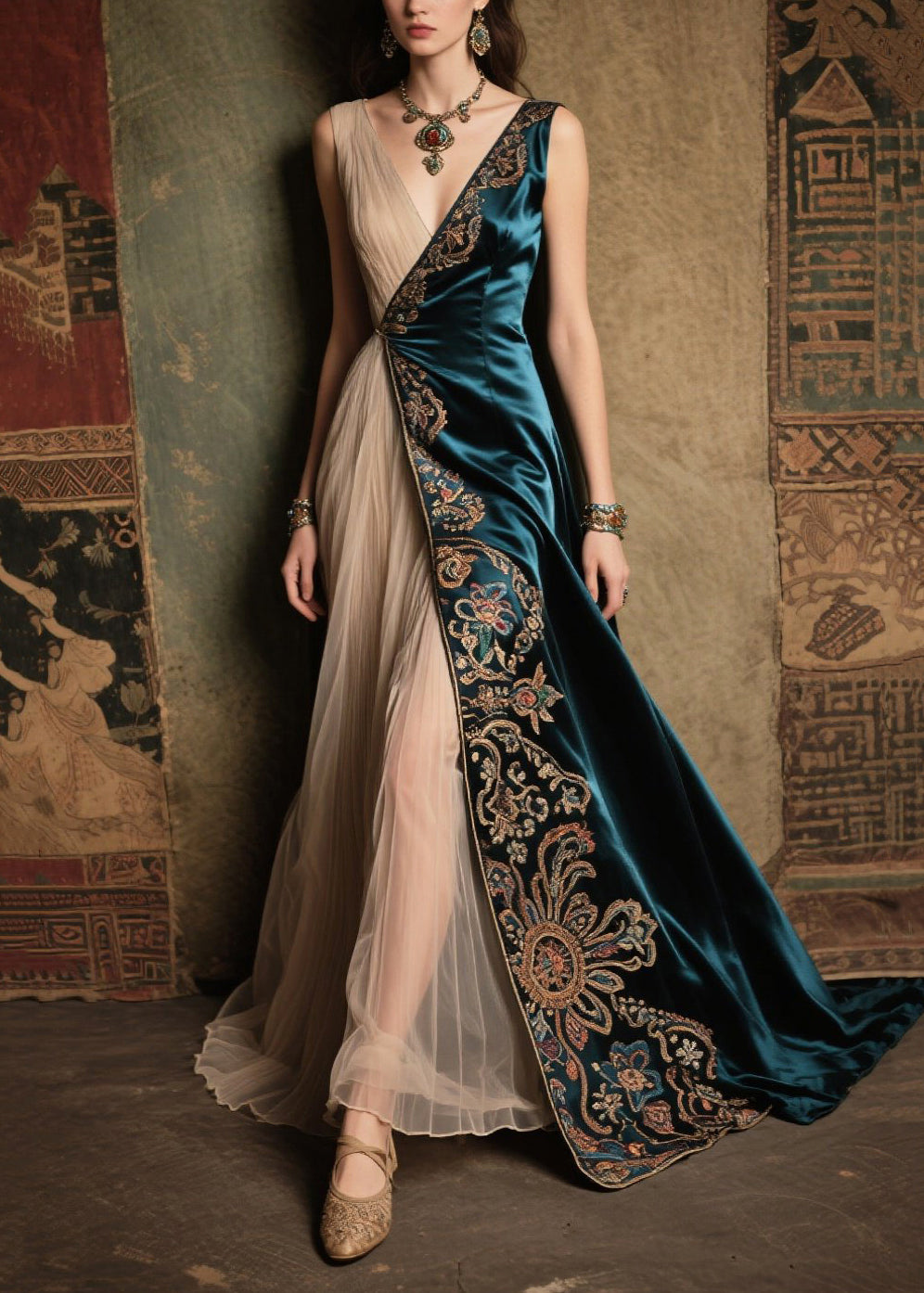 Bohemian Peacock Blue Jacquard Tulle Patchwork Silk Dress Summer