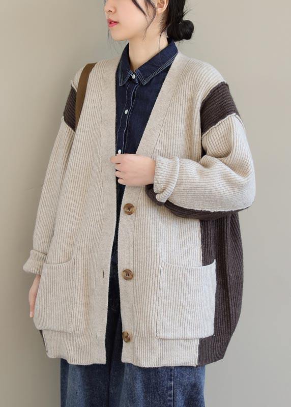 Aesthetic  Beige Knit Tops Plus Size V Neck Button Down Knitted Clothes