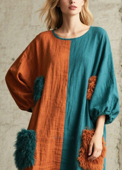 DIY Asymmetrical Patchwork Faux Fur Pockets Maxi Dresses Fall