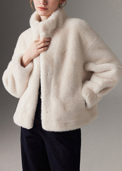 Modern White Stand Collar Mink Velvet Coat Winter