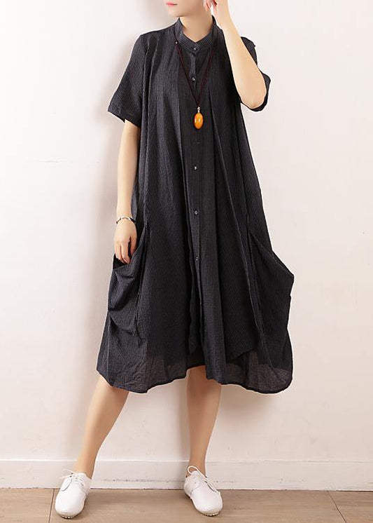 French navy linen cotton Soft Surroundings Boho Wardrobes short sleeve Maxi summer Dress
