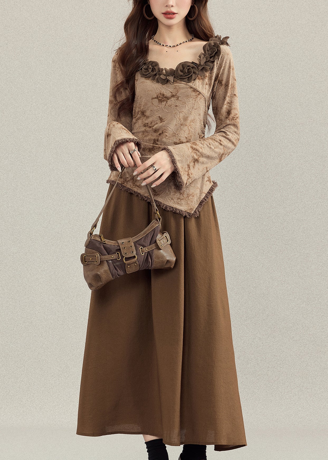 French Coffee Asymmetrical Floral Cotton Women Sets 2 Pieces Fall