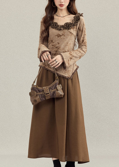 French Coffee Asymmetrical Floral Cotton Women Sets 2 Pieces Fall