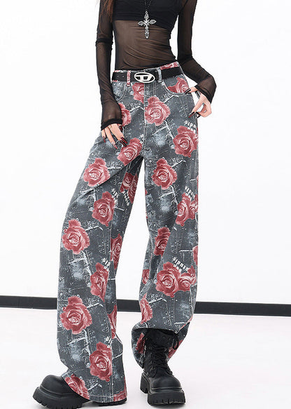 Chic Red Pockets Print Denim Wide Leg Pants Fall