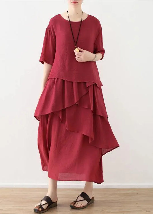 French red linen cotton dresses Omychic Tutorials asymmetric Robe summer Dresses