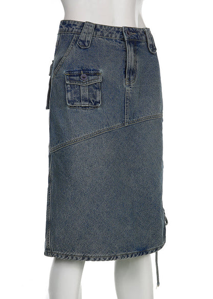 Chic Blue Drawstring Pockets Patchwork Denim Skirt Fall