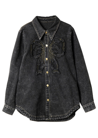 Casual Black Peter Pan Collar Patchwork Button Denim Coats Spring