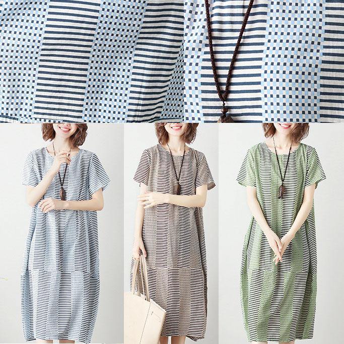 Bohemian light khaki striped Cotton tunics for women o neck patchwork cotton summer Dress