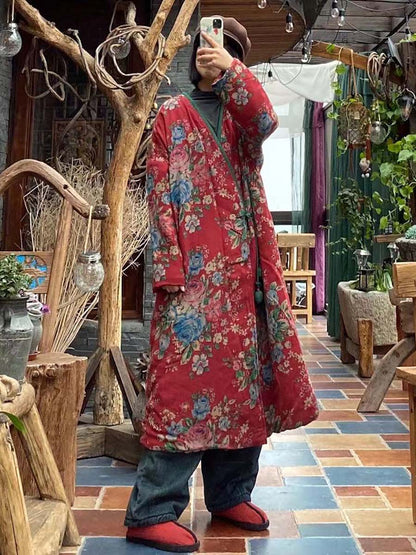Women Floral Print Ethnic Button Shawl Coat