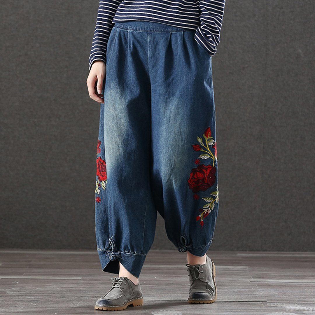 Embroidered Retro Loose Waist Jeans