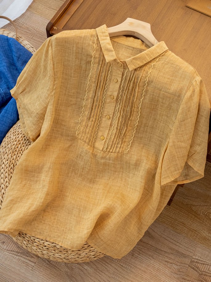 Solid Color Short Sleeve Casual Linen Pleated Top