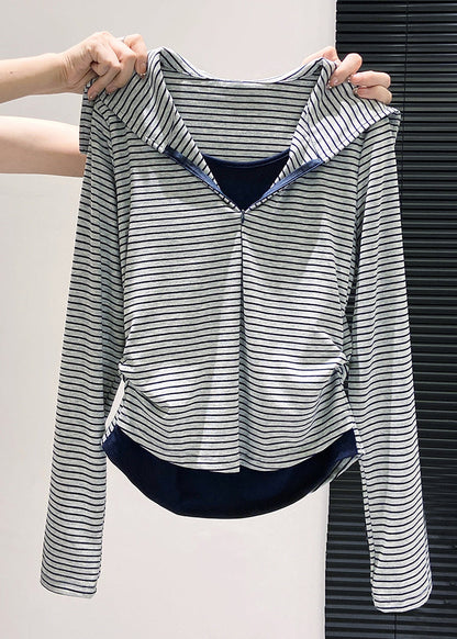Silm Fit Navy Striped Patchwork Cotton Fake Two Piece Tops Fall