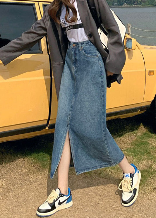 Fashion Denim Blue High Waist Side Open Cotton A Line Skirt Cozy