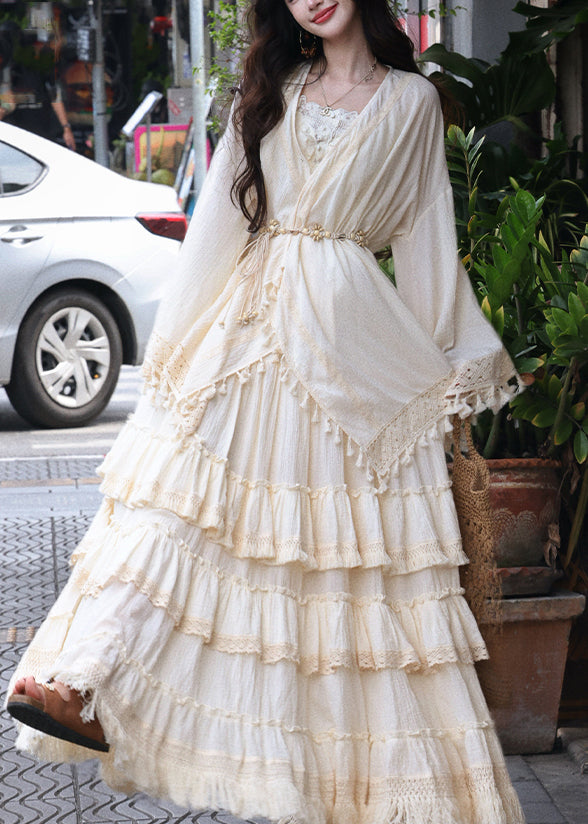 Art Beige V Neck Lace Patchwork Tassel Cardigans Maxi Skirts And Two Piece Set Spring