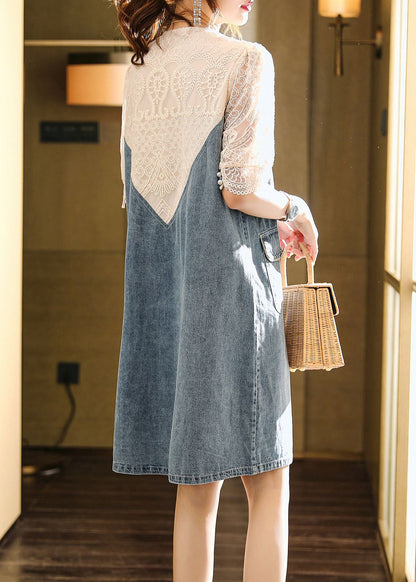 Loose Blue Embroidered Lace Patchwork Dress Half Sleeve