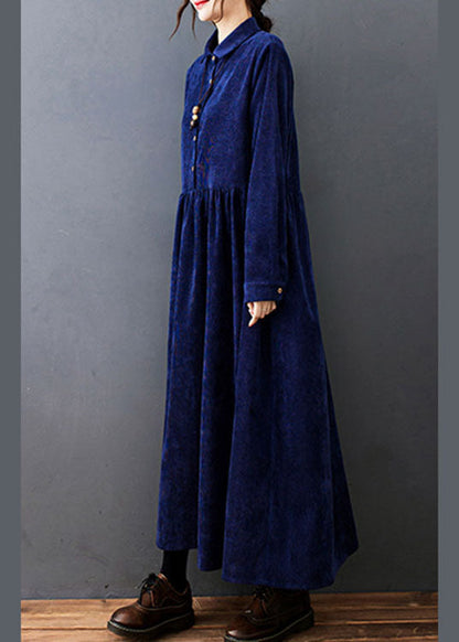 Style Navy Peter Pan Collar Button Corduroy Long Dress