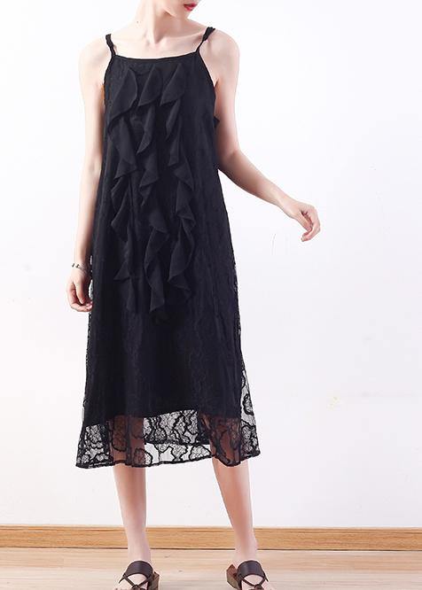 Elegant black Lace Tunics Fine design sleeveless Art summer Dresses