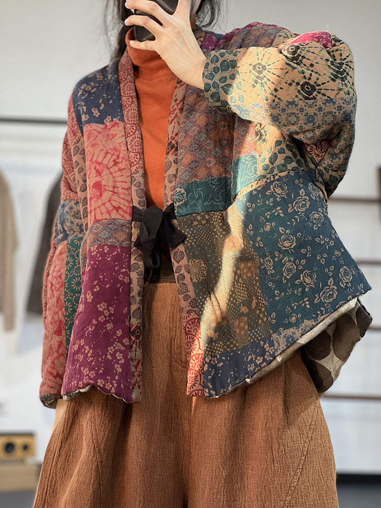 Literary Print Lace-Up Padded Jacket