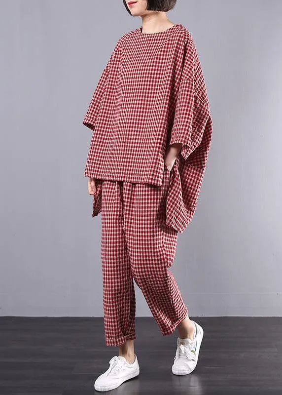 Casual Plus Size Cotton Linen red Plaid Vintage Blouse And Pants Two Pieces Set(Limited Stock)
