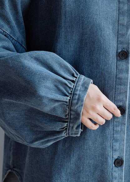 French low high design cotton shirts women pattern denim blue blouse fall