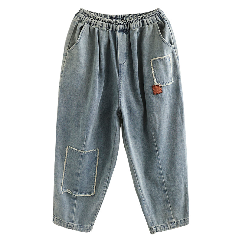 Women Retro Patchwork Embroidery Cotton Harem Jeans