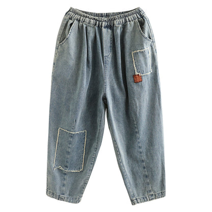 Women Retro Patchwork Embroidery Cotton Harem Jeans