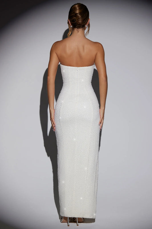 Embellished Bandeau Cowl Neck Maxi Dress In Ivory