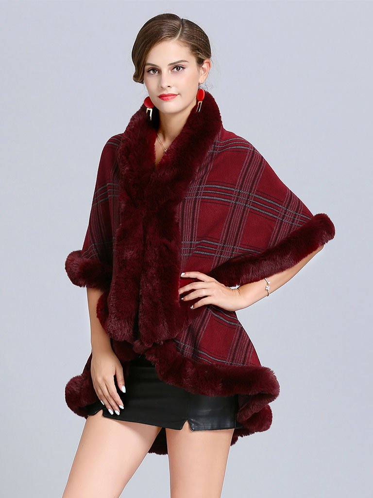 Women Poncho Wrap Faux Fur Collar Double Layer