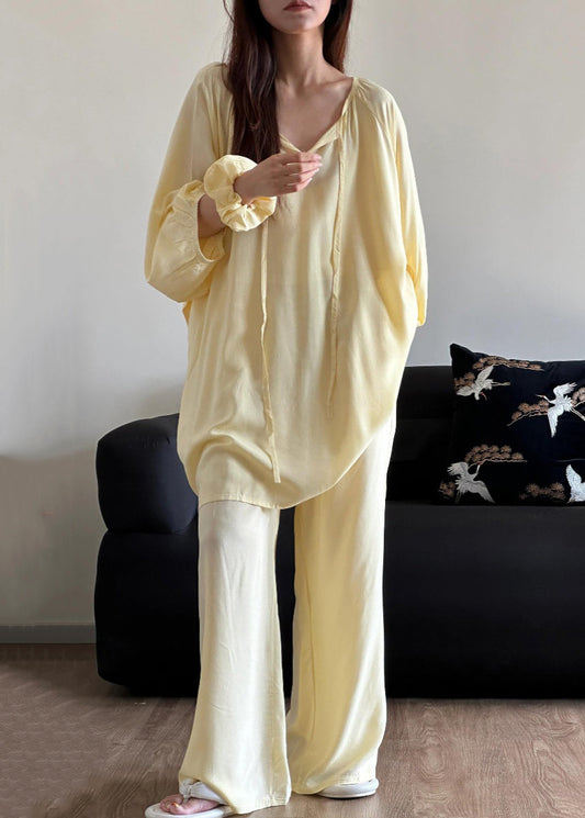 Simple Blue O Neck Lace Up Solid Cotton Pajamas Two Piece Set Fall