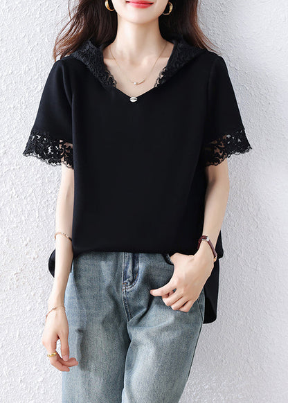 Women Black Hooded Patchwork Lace Tank Summer