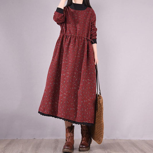Winter Korean Style High-neck Plush Floral Dress