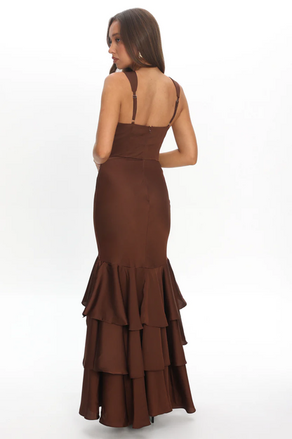 Chocolate Sweetheart Neckline Tiered Ruffle Mermaid Maxi Dress