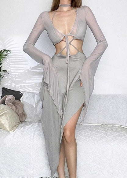 Sexy Grey Asymmetrical Hollow Out Lace Up Tulle Two Pieces Set