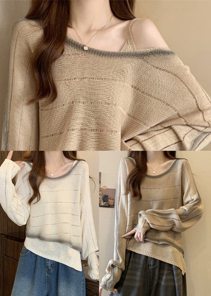 DIY Beige Asymmetrical Design Tie Dye Knit Sweater Fall