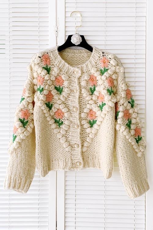 Floral Pearl Button Cardigan-Beige