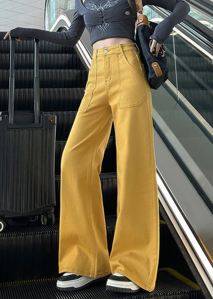 Boho Yellow High Waist Pockets Denim Straight Pants Fall