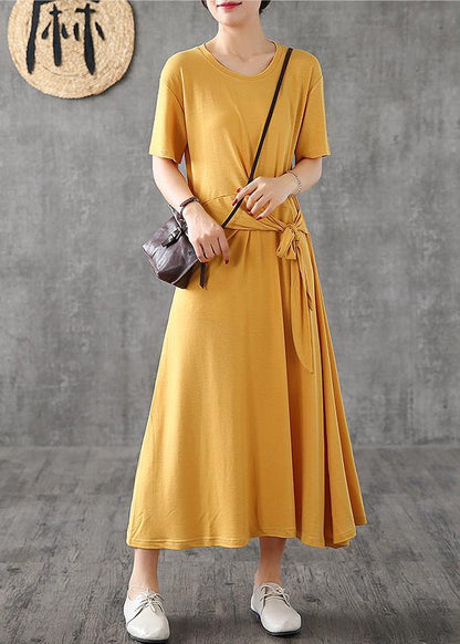 Bohemian o neck Bow cotton dress yellow Traveling Dresses summer