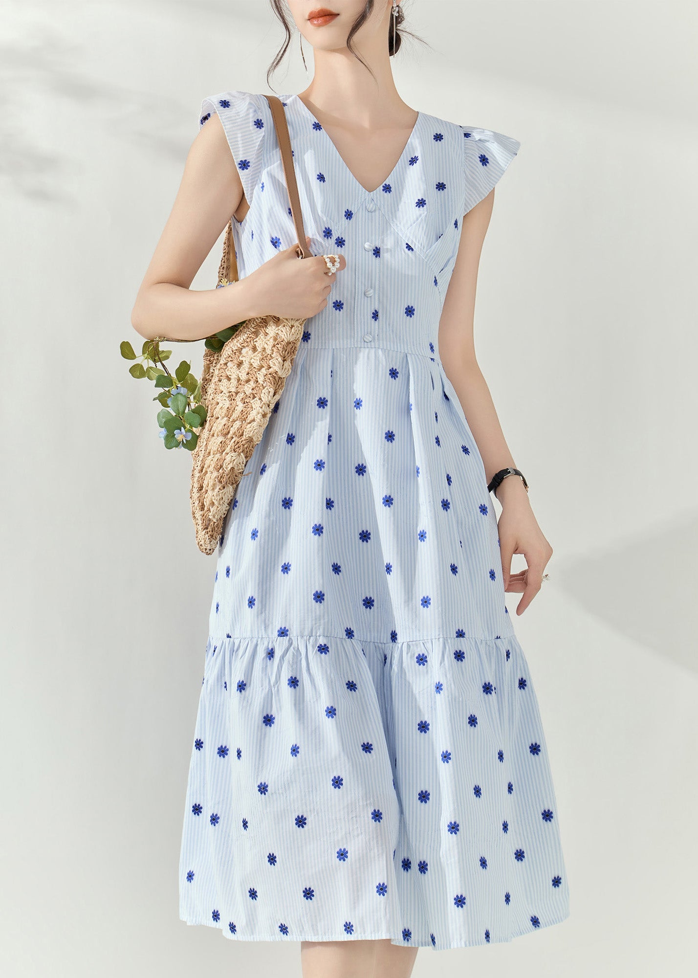 Bohemian Blue V Neck Print Tunic Maxi Dresses Summer