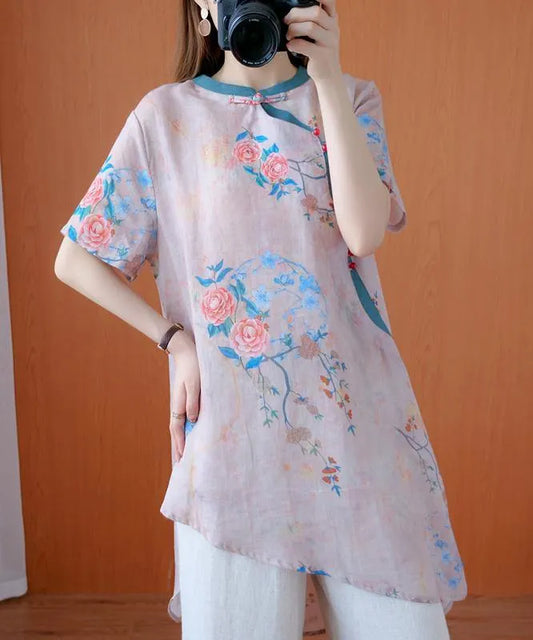 Modern light pink print top stand collar asymmetric Art tops