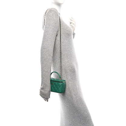 Lambskin Quilted Small Top Handle Vanity Case With Chain Green