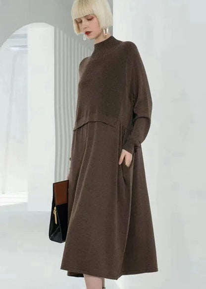 Bohemian Coffee Turtle Neck Patchwork Solid Wool Knit Sweater Dress Long Sleeve